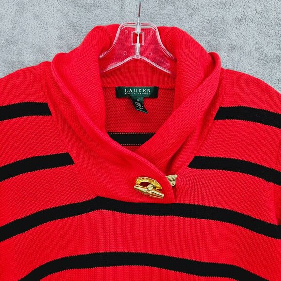 Ralph Lauren LRL Sweater S Red Black Stripe Metallic Gold Toggle Closure Cotton - Picture 4 of 11